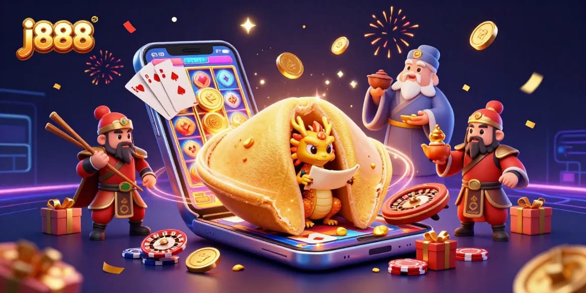 Engage with j888 at a colorful casino illustration featuring a fortune cookie and gaming elements.