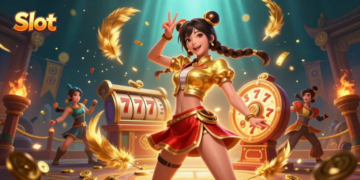 Spin the Slot reels with vibrant colors and energy while enjoying a fun-filled casino scene.
