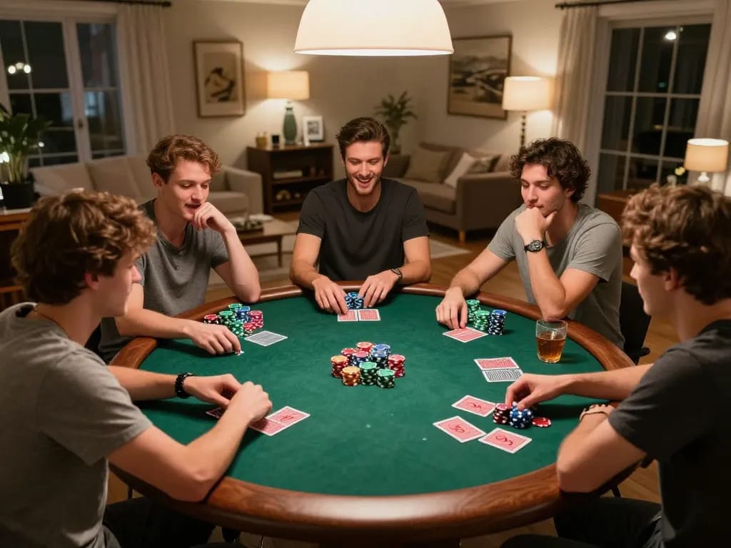 Players enjoying an exciting poker game night at home, showcasing HM88 and colorful chips