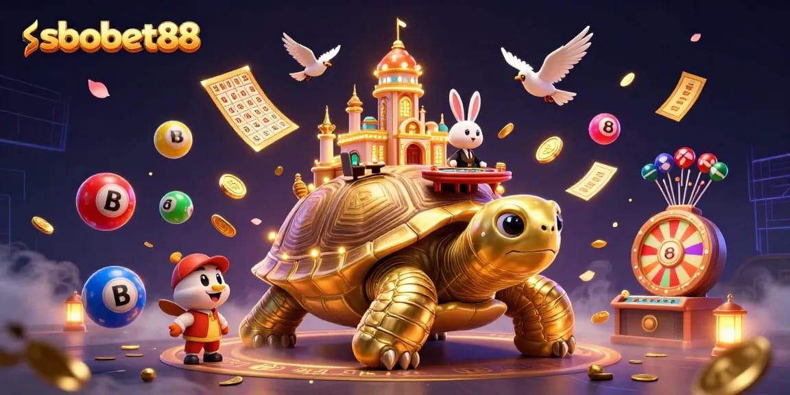 Engage with sbobet88's vibrant casino scene featuring a golden tortoise, a rabbit dealer, and lottery elements.