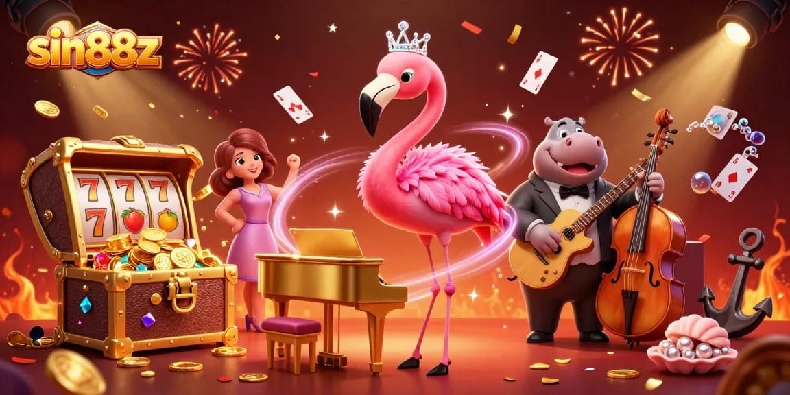 sin88z sparks excitement with a vibrant 3D casino scene featuring a flamingo singer and treasure.