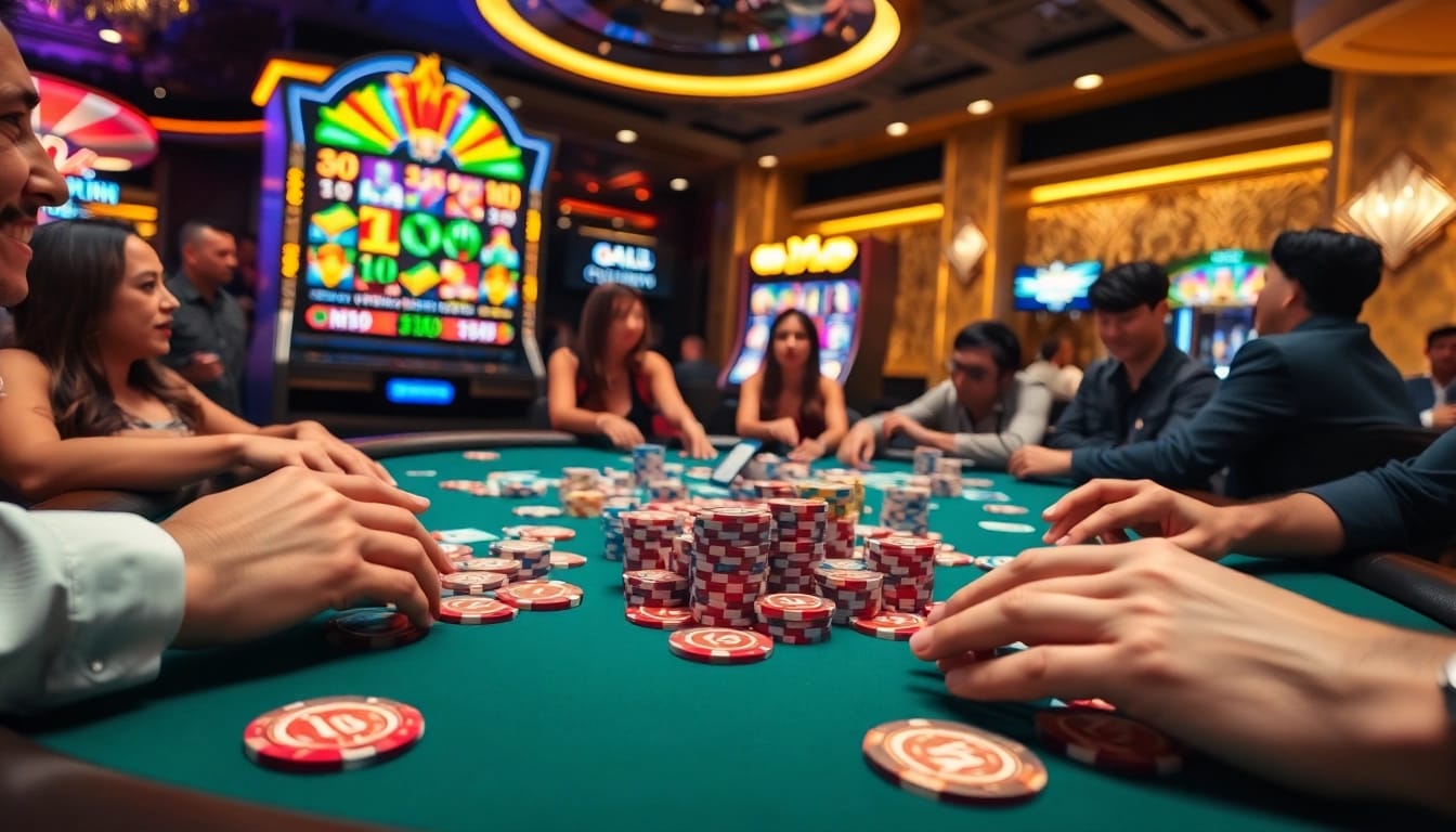 Exciting poker action at https://goal123q.com/ with colorful chips and vibrant slot machines.
