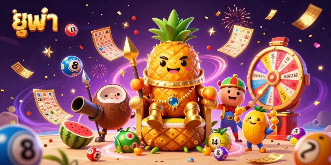 Experience the thrill of playing with ยูฟ้า as colorful lottery elements surround a joyful scene of a golden pineapple king and his vibrant companions.