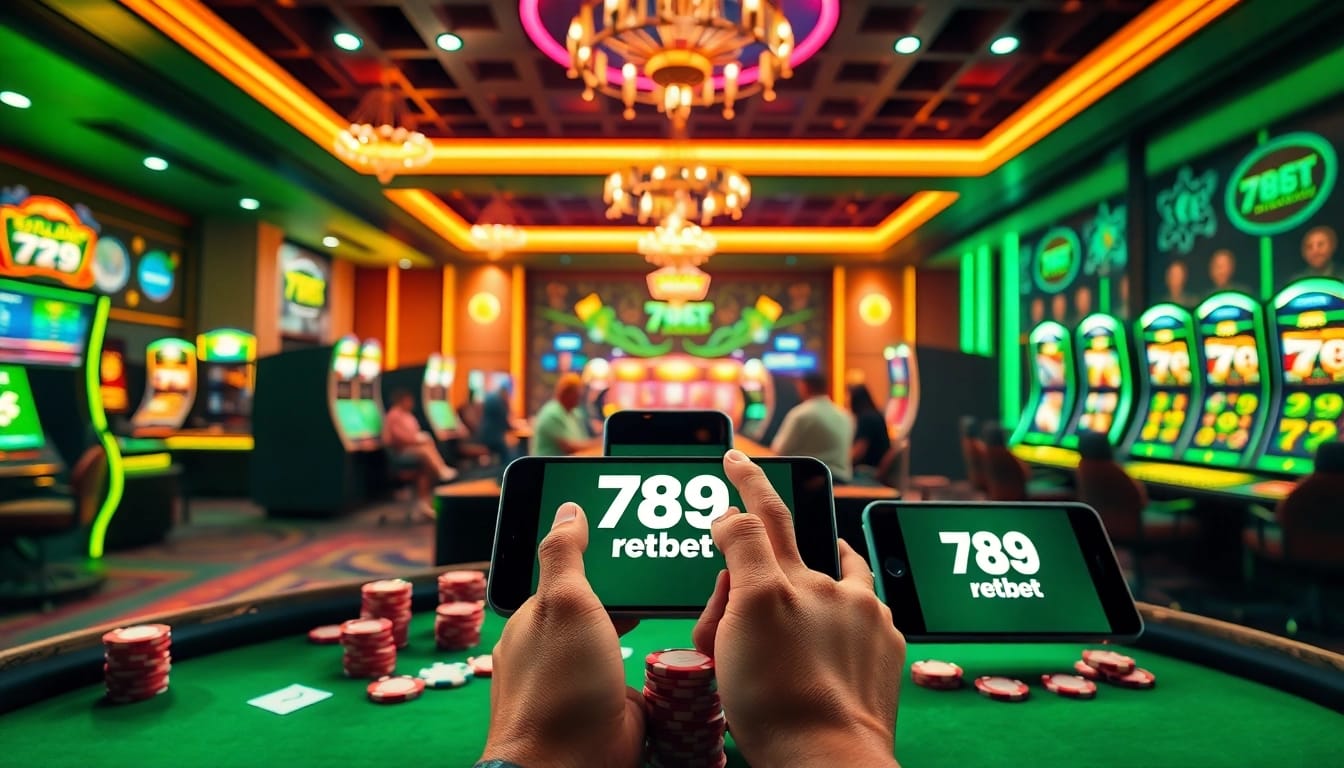 Experience the thrill of 789 bet with vibrant casino visuals featuring poker and slot games.