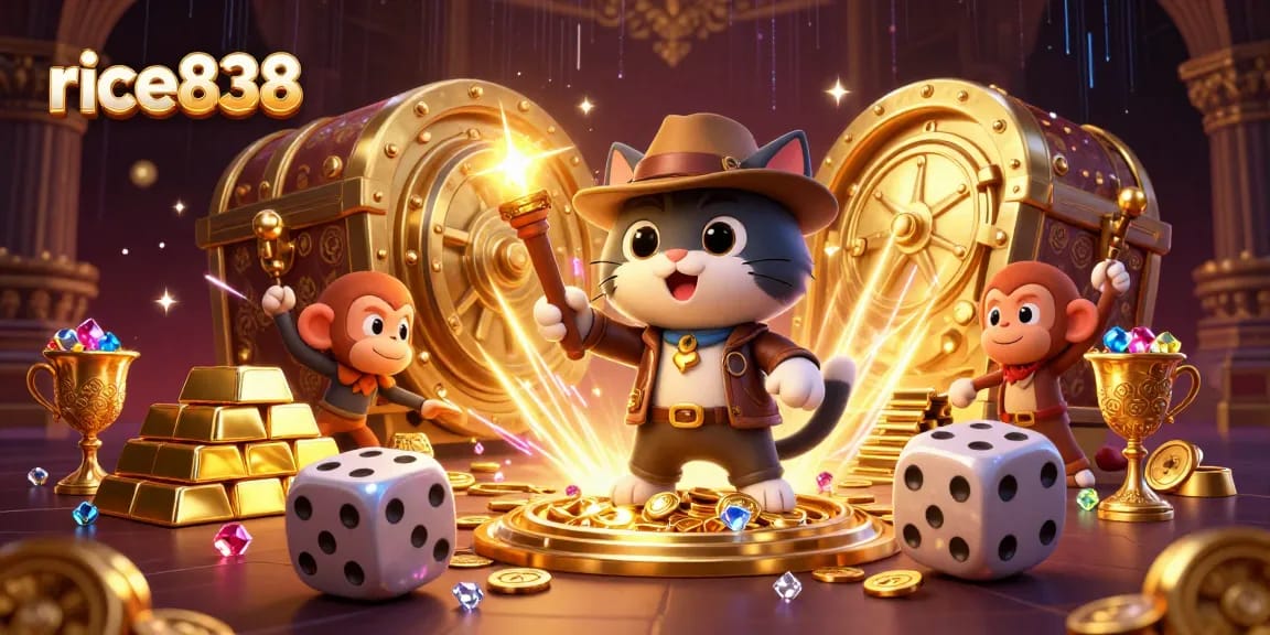 Play exciting games on rice838, with treasures and jackpot elements in a thrilling casino-themed scene.