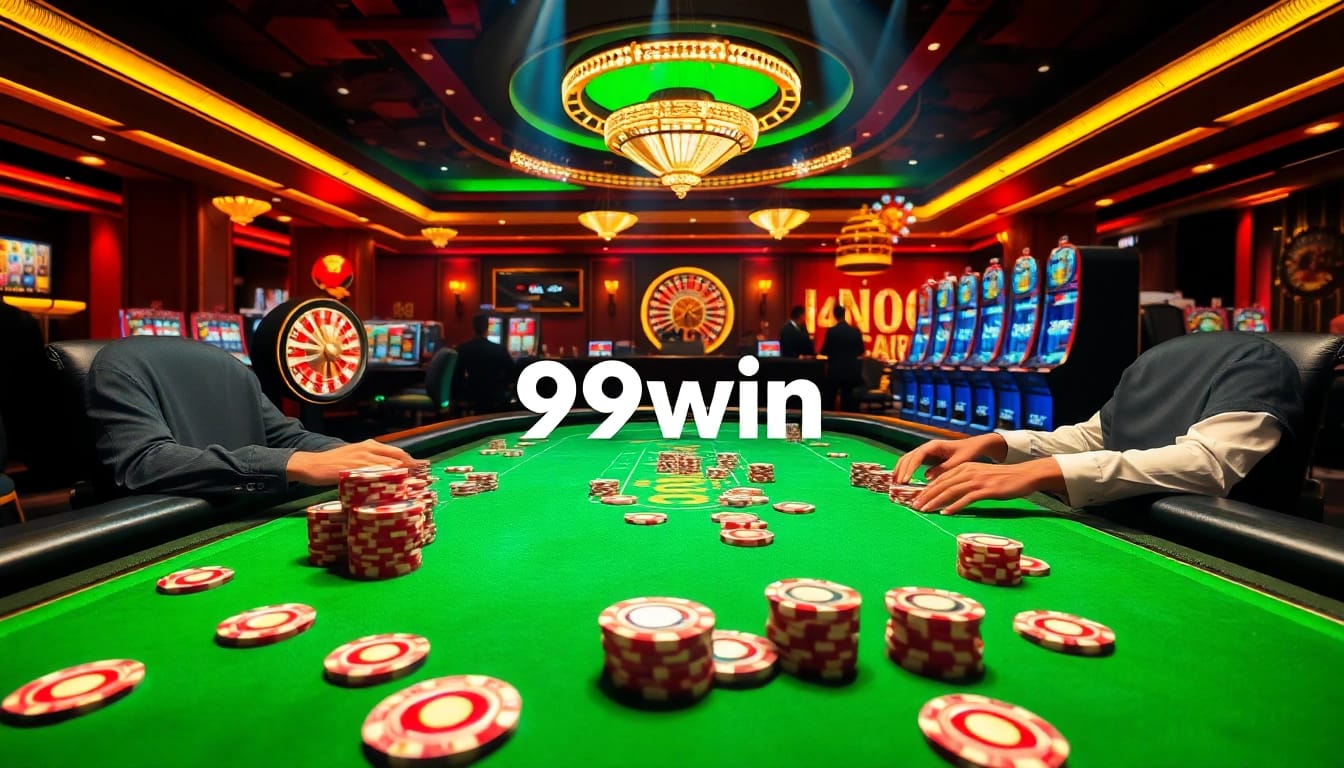 Players engaging in a high-stakes game of poker at the luxurious 99win casino table.