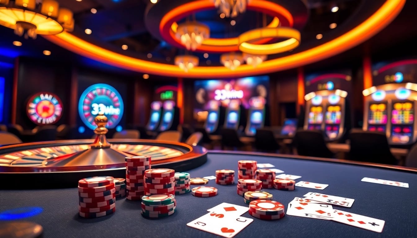 A vibrant casino gaming scene highlighting excitement and strategy at 33win68 with poker chips and elegant tables.