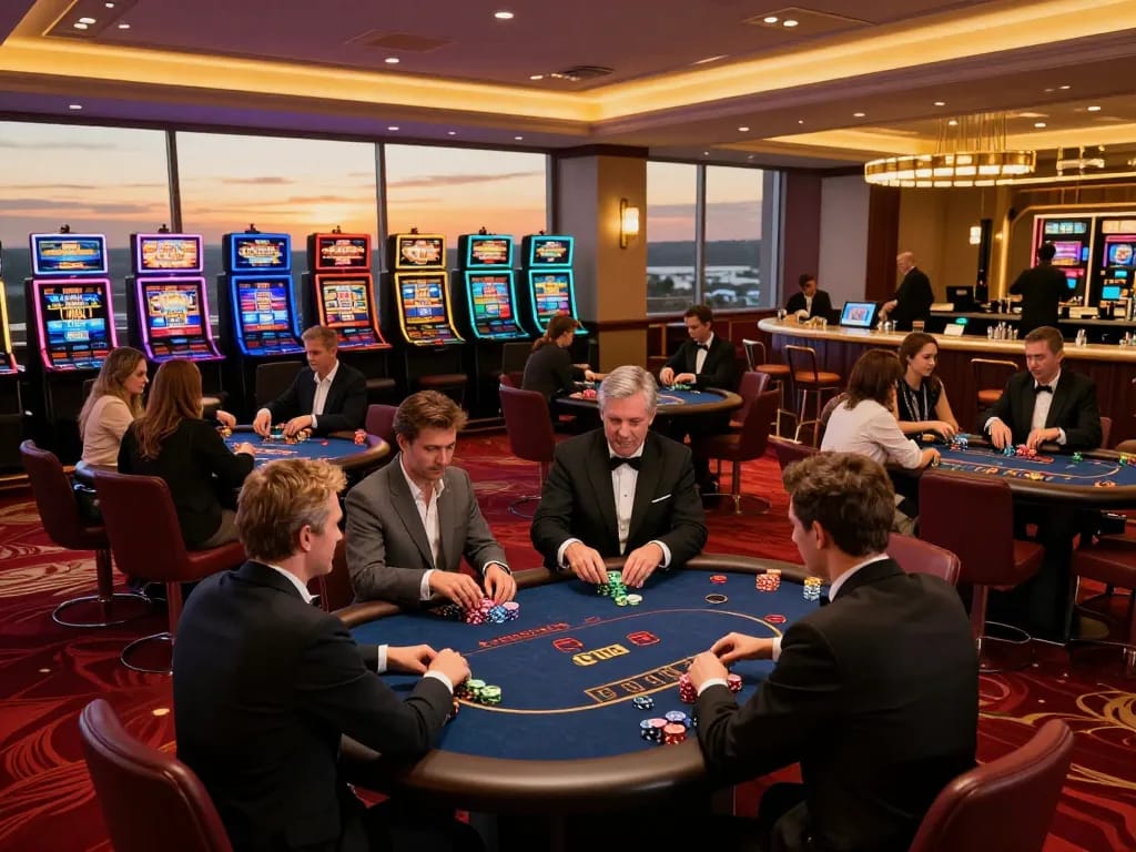 Engaged players enjoying poker action at 32win's premier casino gaming floor.