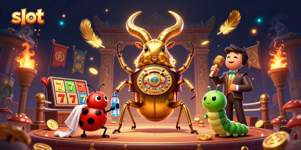 Spin dynamic slot games with a giant stag beetle, ladybug corner-man, and a caterpillar announcer.