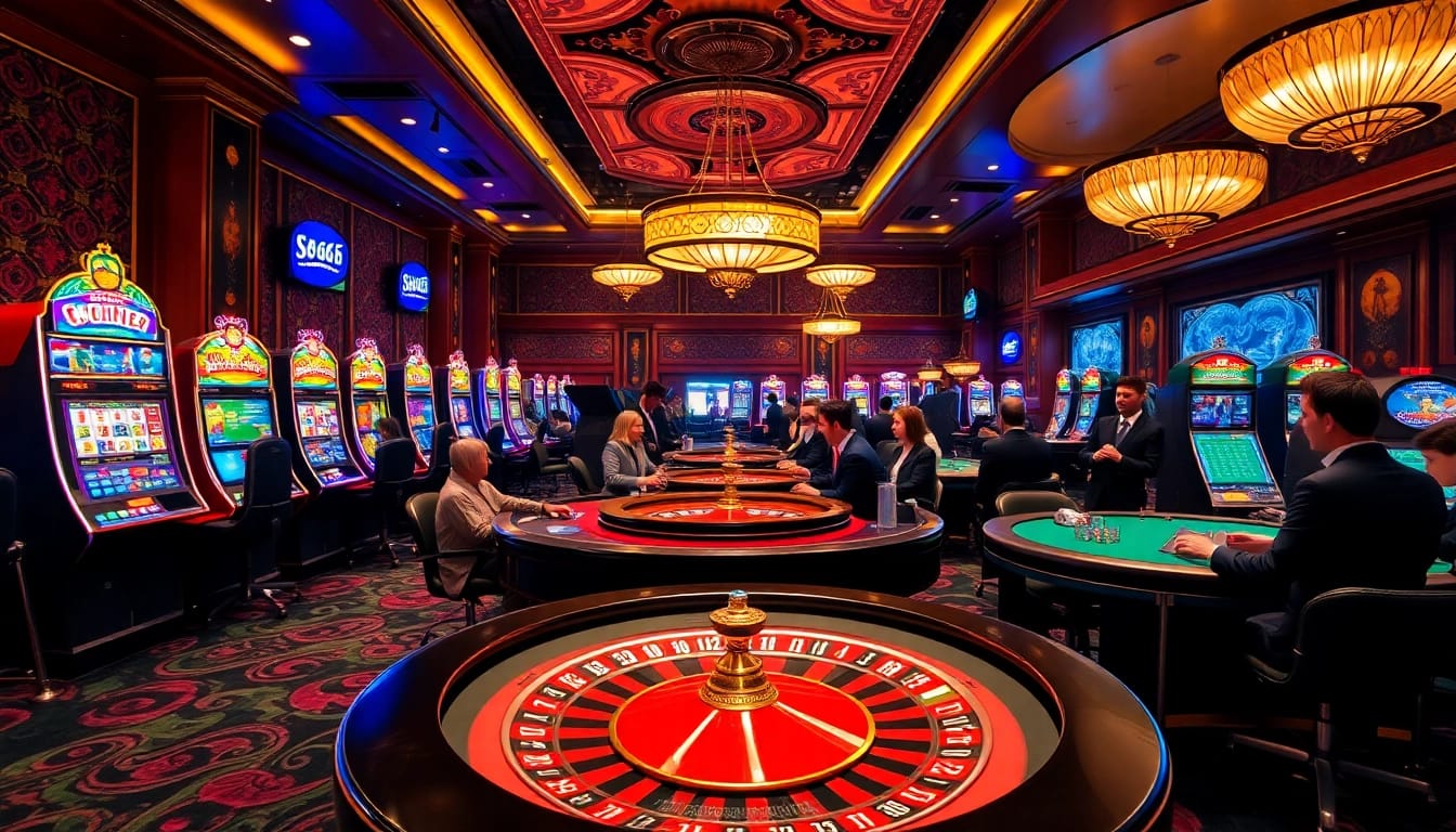 S666 casino players engaged in an exciting poker game with vibrant slot machines in the background.