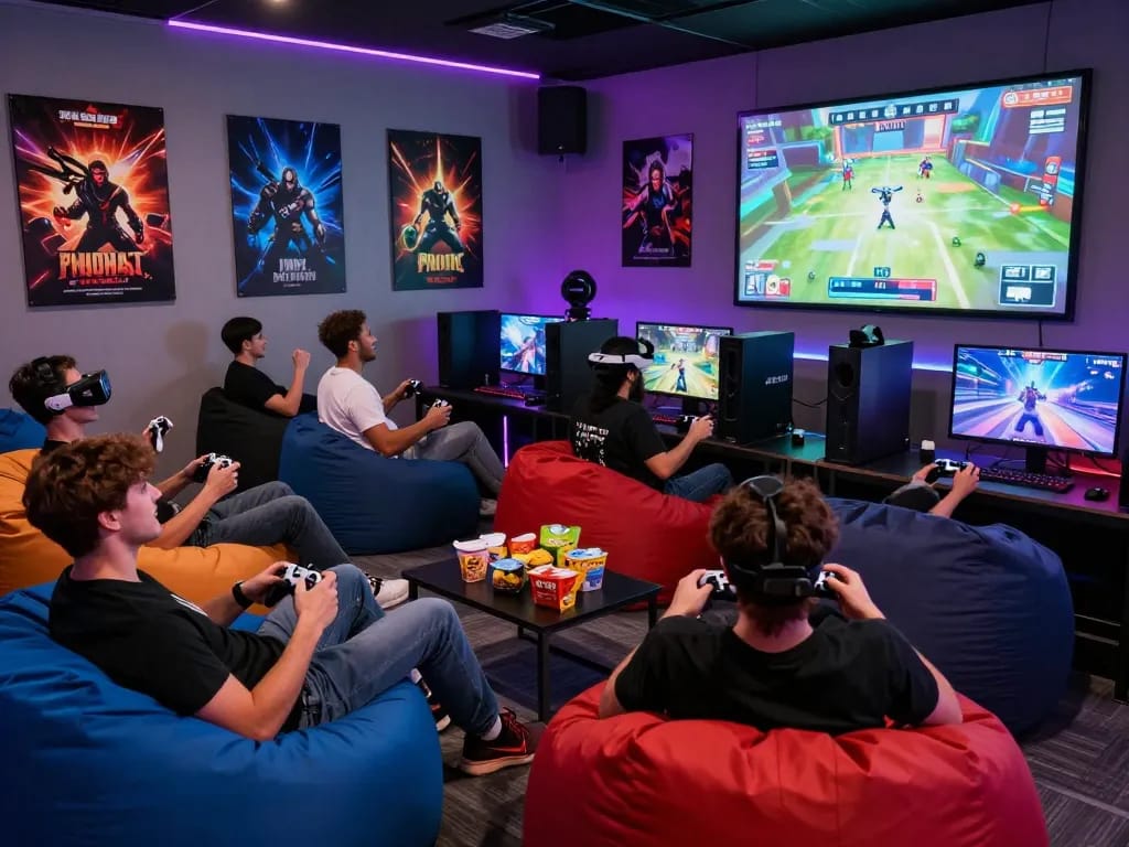 Group of gamers enjoying a thrilling porn game session in a vibrant atmosphere
