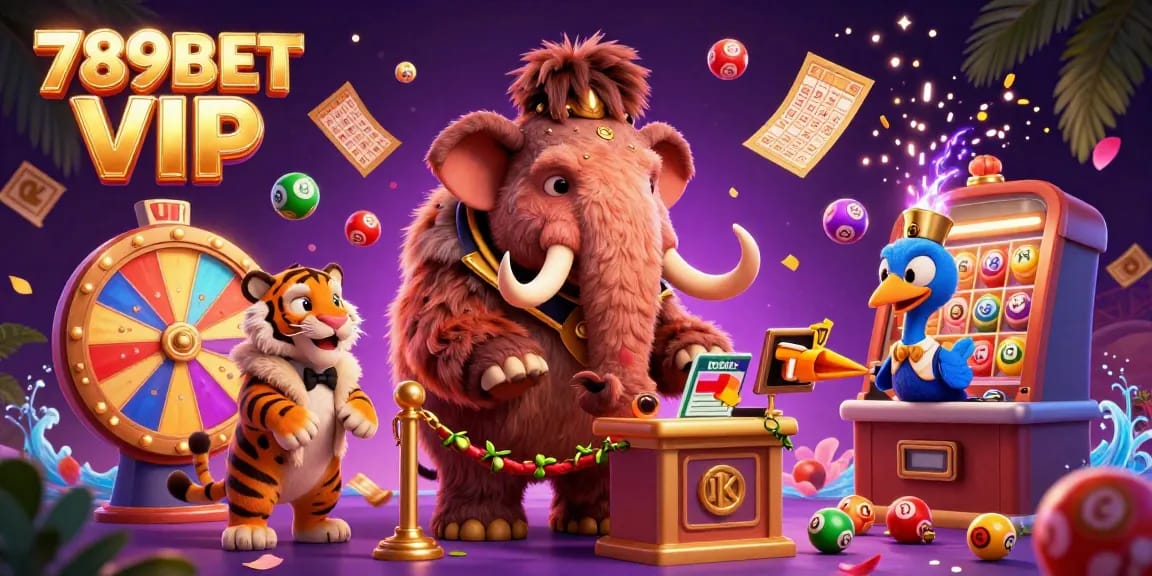 Engage in excitement with 789BET VIP at this lively casino scene, showcasing dynamic lottery elements and VIP character interactions.