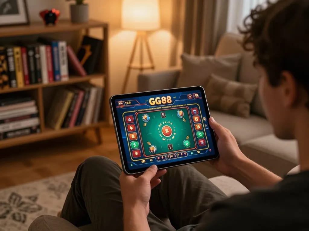 Engaged player exploring GG88 online gaming strategy on a cozy tablet setup