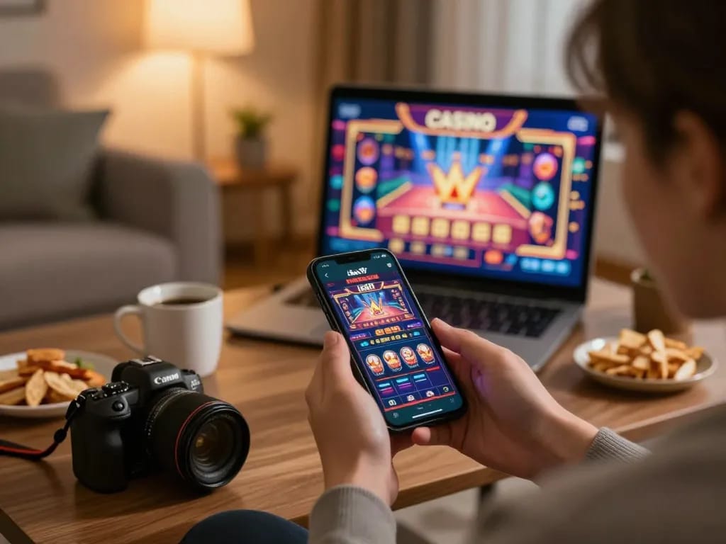 A person immersed in online gambling with the Alev Casino app on a smartphone in a cozy living room setting.