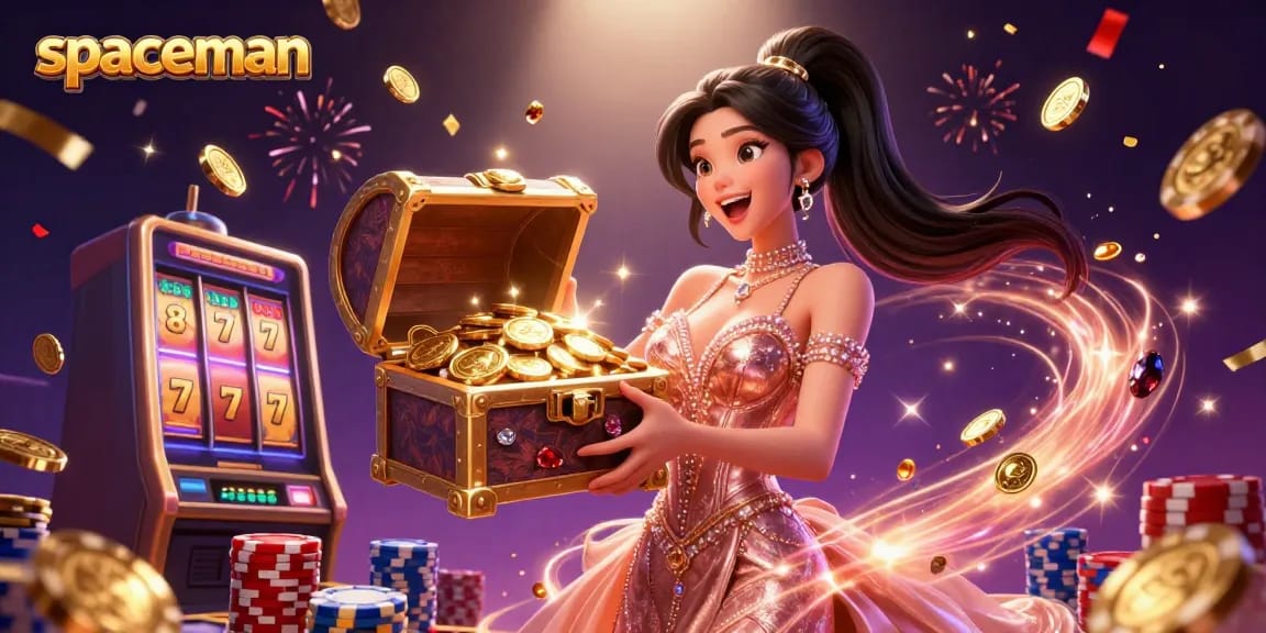 Spaceman slot game features a joyful woman beside a treasure chest filled with coins, showcasing the excitement of gaming.