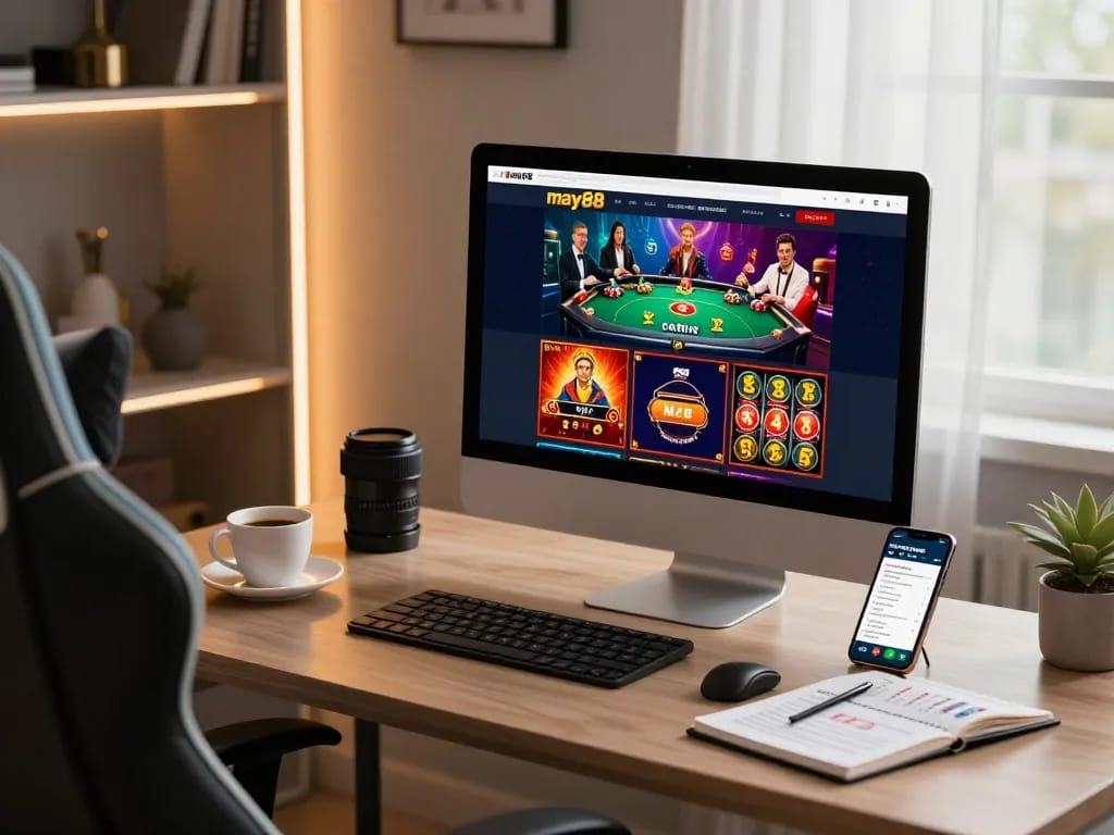 Engaging home gaming setup showcasing may88 online casino interface with a focus on responsible betting.