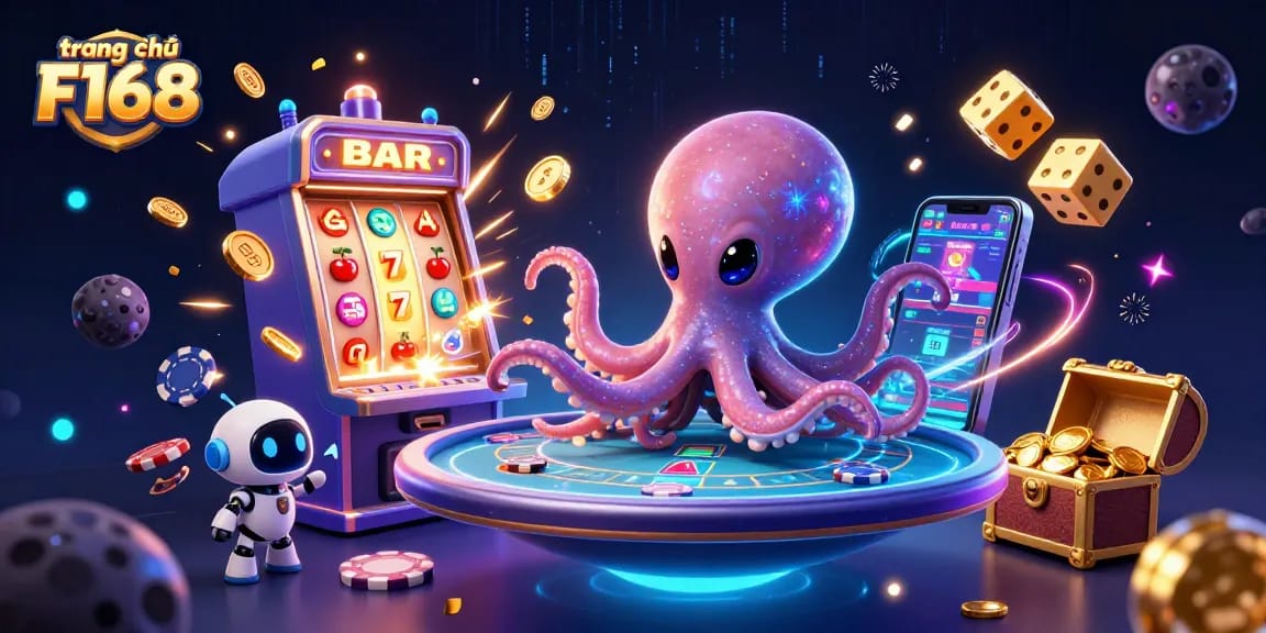Experience thrilling gaming at trang chủ F168 with a vibrant 3D alien octopus operating a holographic poker table amid an explosive casino scene.