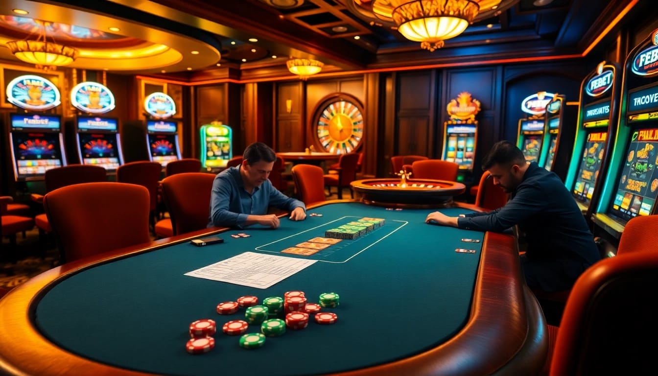 FEBET poker table scene showcasing vibrant chips and a thrilling atmosphere.