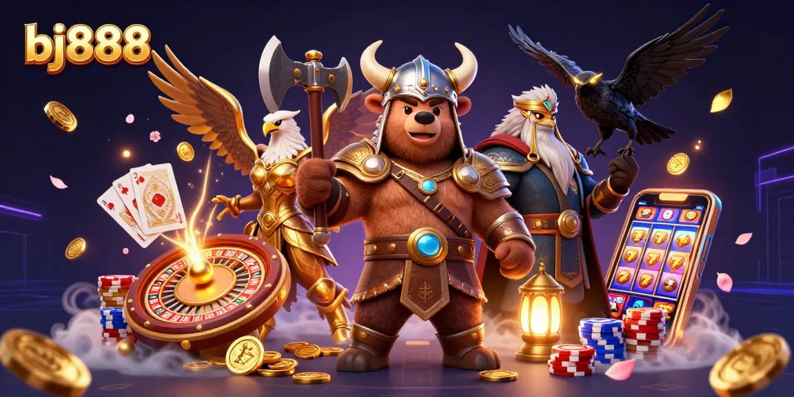 BJ888 unleashes excitement in this vibrant 3D scene with a Viking bear and Valkyrie eagle amidst cascading coins and roulette.