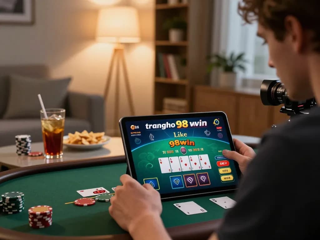 Engaged player accessing trang chủ 98win for live dealer blackjack in a cozy setting.