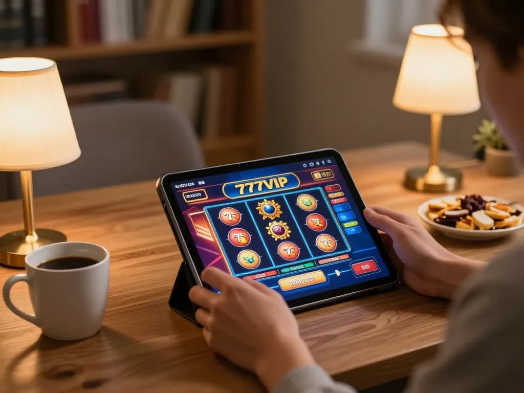 Player engaging with 777VIP casino games on tablet in a cozy home environment
