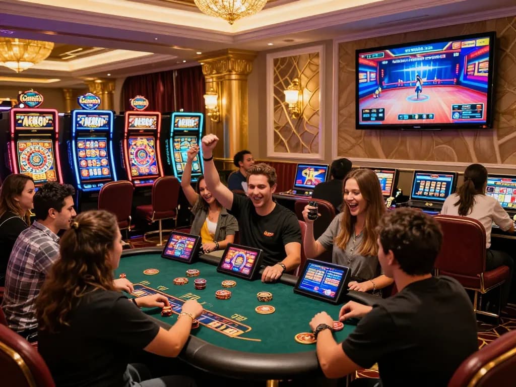 Casino NK88 players enjoying lively online games in vibrant virtual casino environment.