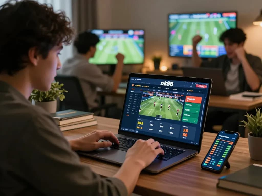 Engaging moment at nk88 sports betting, person intensely focused on gaming strategy.