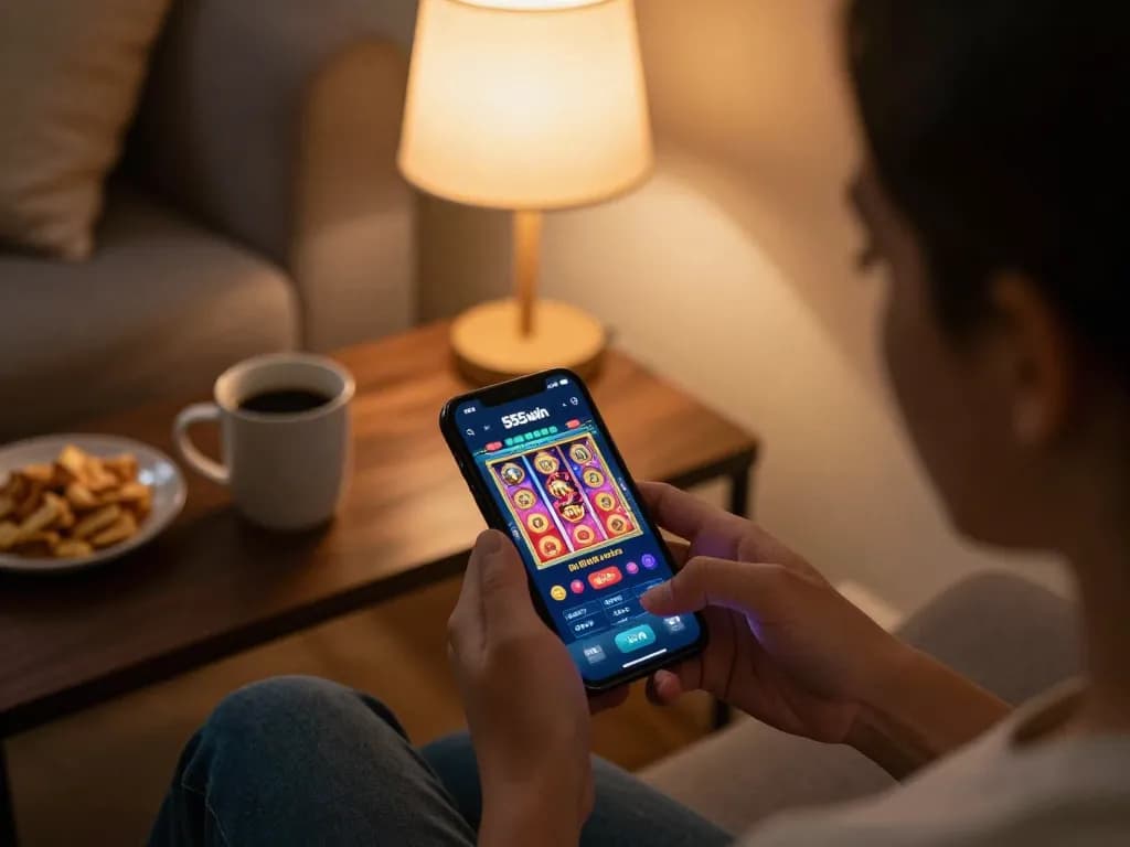 Player enjoying a gaming session on the 555win app, showcasing responsible gambling at home.