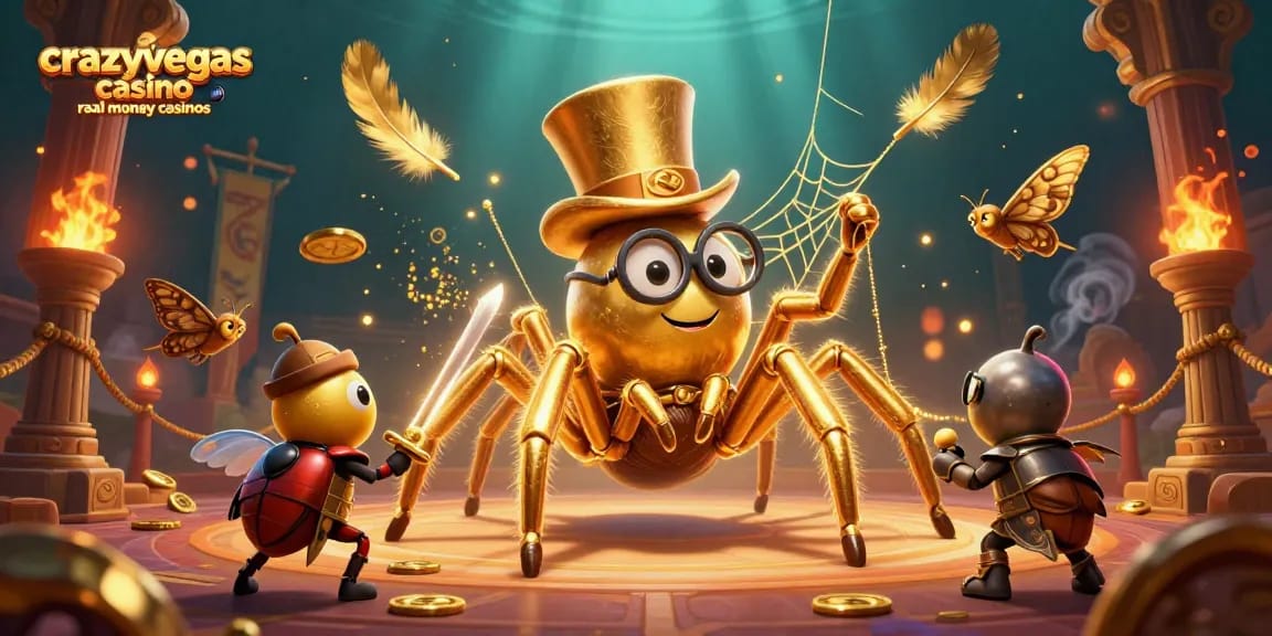 Engage with the thrilling atmosphere of crazyvegas casino real money casinos, featuring a golden tarantula, beetle knight, and moth spectators in action.