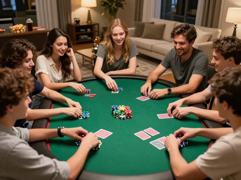 Engaging poker night scene with friends using ทางเข้า m105 for online gaming, vibrant table setup and warm ambiance.