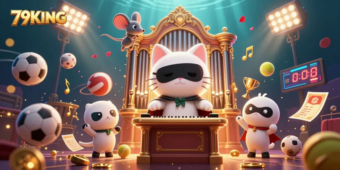 Engage with 79KING's energetic casino scene featuring cartoon characters and dynamic sports elements.