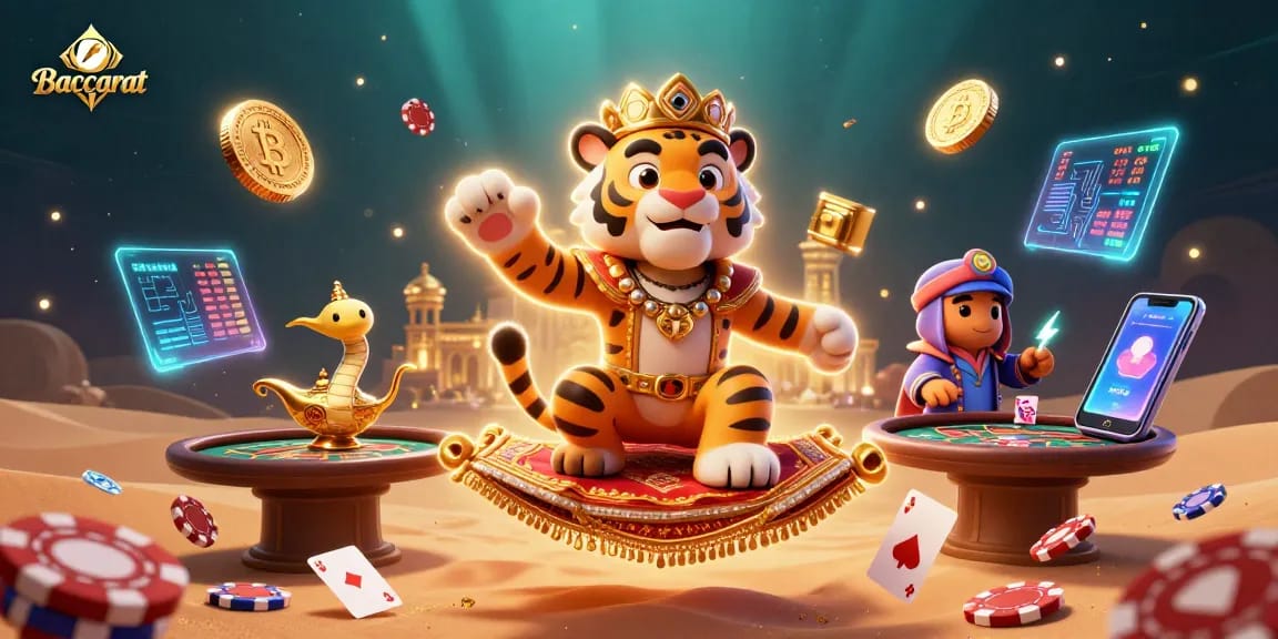 Baccarat table scene featuring a tiger sultan and genie, showcasing vibrant casino elements and crypto coins.