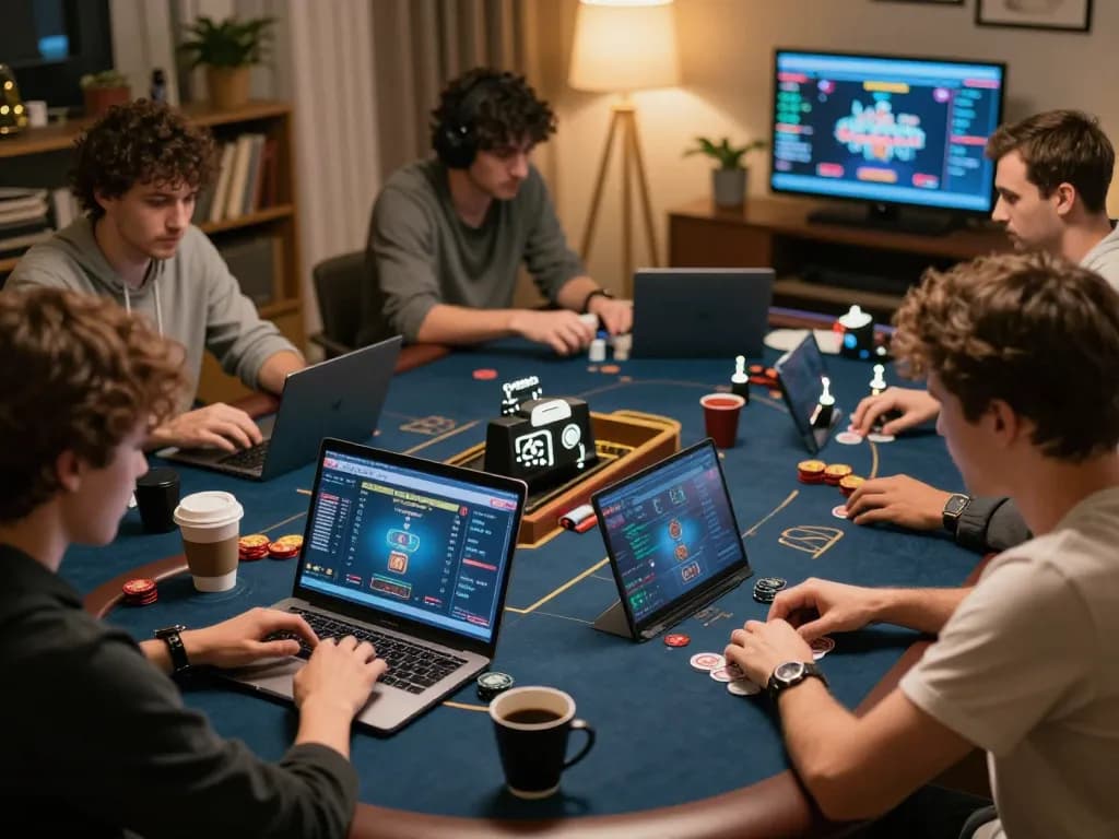 Join the online poker action at https://ymm88.cyou/ as players strategize their hands in a cozy home setup.