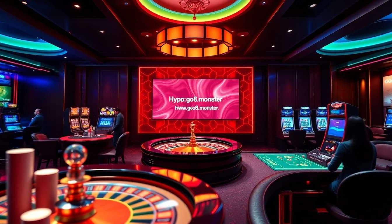 Immersive gambling scene showcasing excitement at https://go8.monster/ with roulette wheels and poker chips.