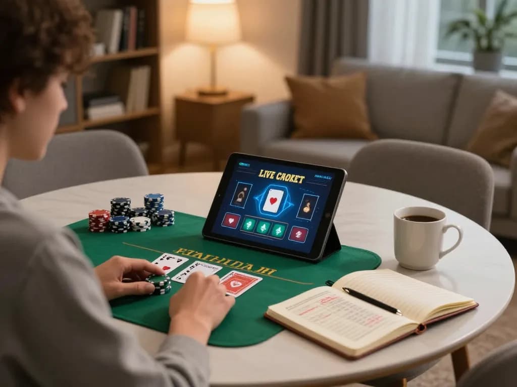 Engaged player using tablet to access link mu88 for a live blackjack game in a cozy home setting.
