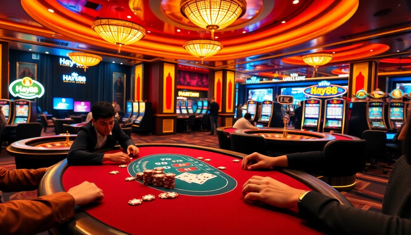 Engaging poker players at the Hay88 casino table amid vibrant slot machines.
