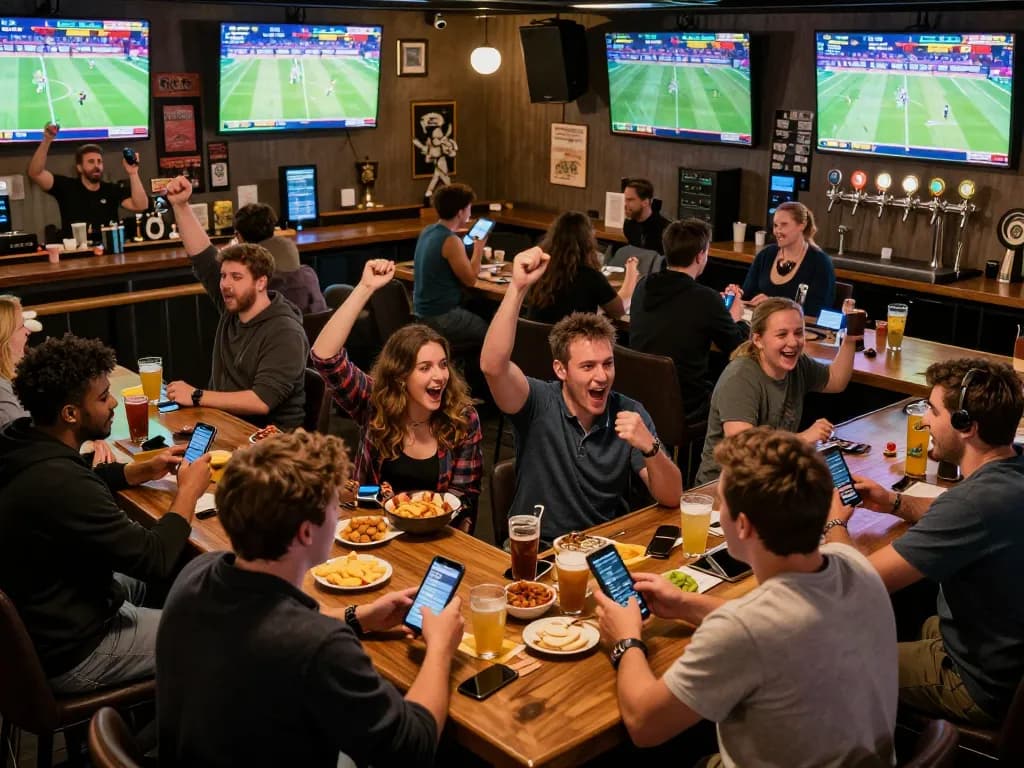 Engaging sports fans placing bets in a lively bar setting at 888New