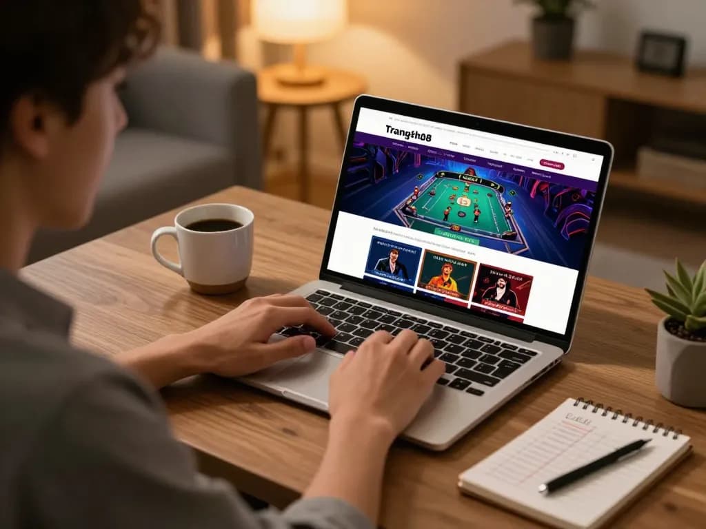 Engaging moment using Trang chủ Fly88 for online gaming strategies with warm home office lighting.