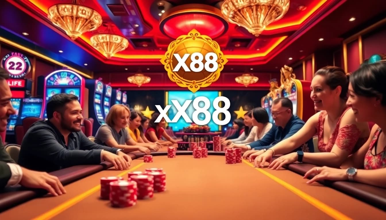 Players enjoying a thrilling game at xx88 casino with vibrant chips and luxurious tables.