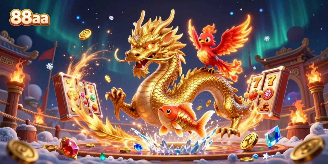Engage with thrilling slots at 88aa, featuring a vibrant dragon, phoenix, and koi fish.