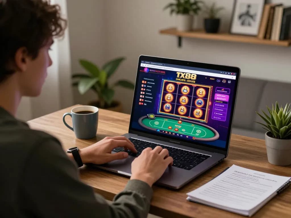 Engaging online gaming scene with tx88 casino interface on laptop and strategy notes.