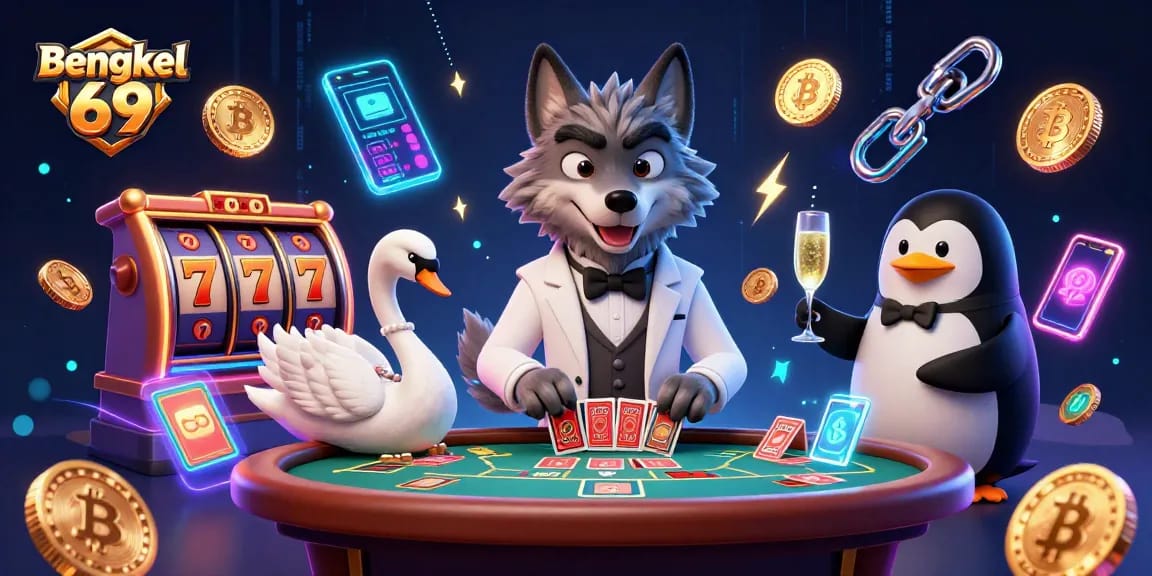 Bengkel 69 showcases a vibrant baccarat scene with unique characters and thrilling slot gaming elements, embodying the casino atmosphere.