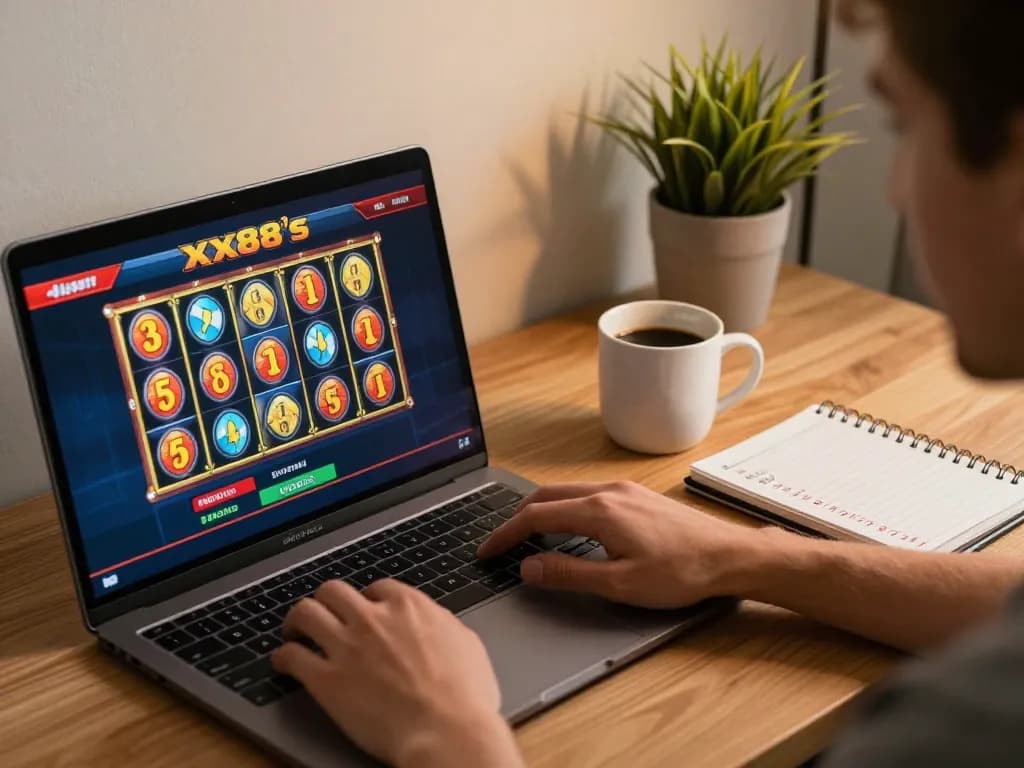 Player engaging with xx88 online casino on laptop while analyzing betting strategies