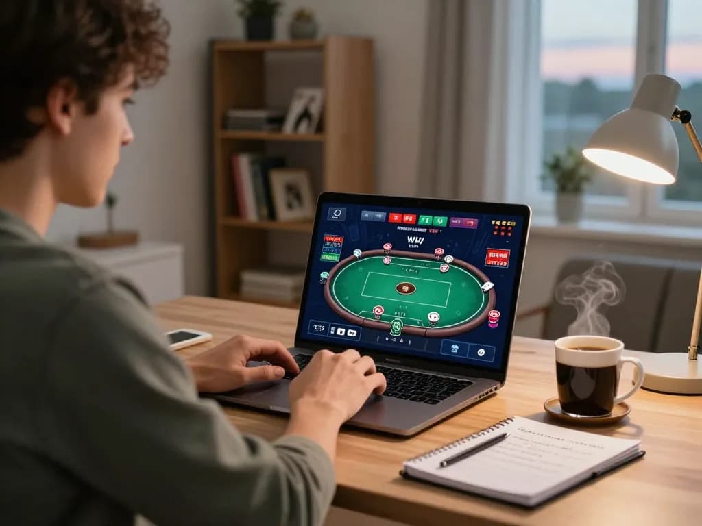 Engaged player using a laptop for poker at home, highlighting tg88 strategic gaming.
