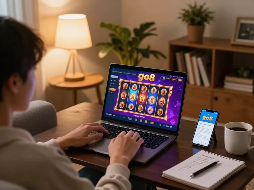 Engaging online gaming setup on trang chủ go8 with a player using a laptop and smartphone in a cozy living room.