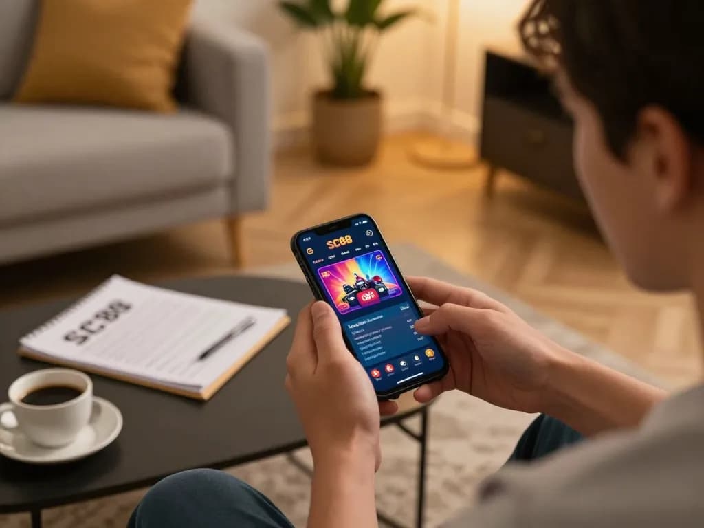 Engaging user on SC88 mobile app placing bets in a cozy living room, showcasing modern online gambling atmosphere.