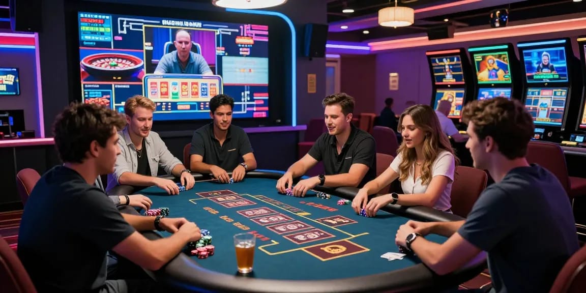 New online casinos UK lively gaming atmosphere with players enjoying live dealer games.