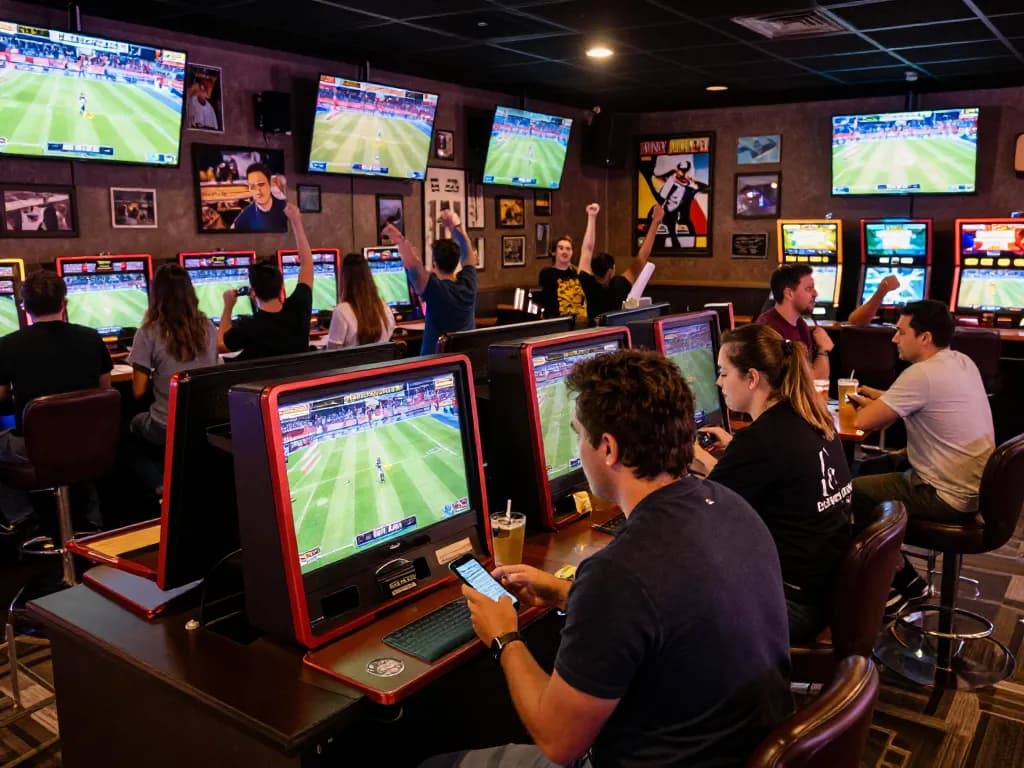 Engaging sports betting experience at webtransportdeal bar, patrons live-betting on smartphones amid cheering