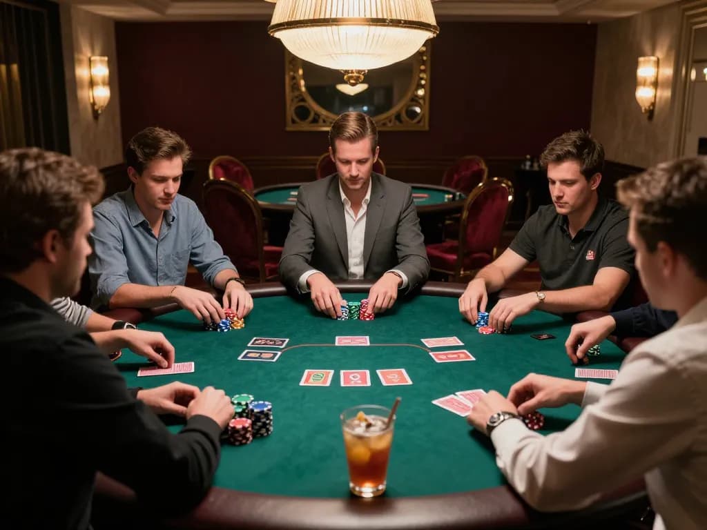 Players immersed in a high-stakes poker game at 99Win's elegant setting, showcasing intense betting moments.