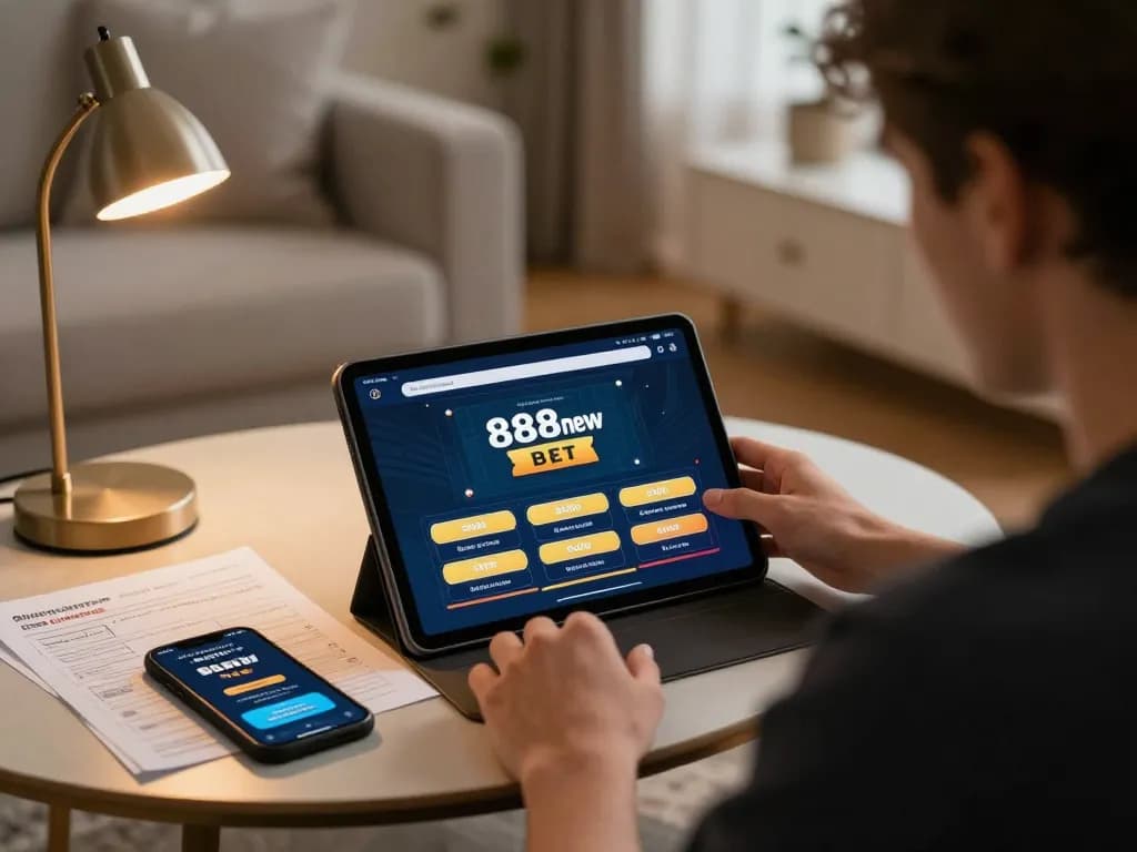 Engaging in 888new bet on tablet with betting strategy notepad visible in cozy home setting.